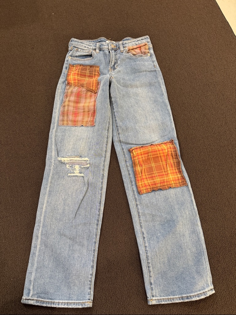 bp Light Blue Straight-Leg Jeans with Orange Plaid Patches
